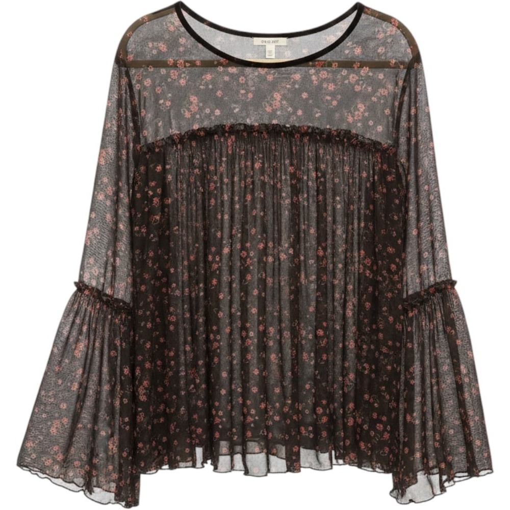 Torrid Womens 4 Black Red Floral Sheer Mesh Bell Sleeve Babydoll Blouse Top NWOT